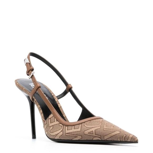 Versace Allover Logo Canvas Slingback Pumps In Brown Size 41 - Picture 5 of 13